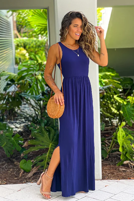  Navy Racer Back Maxi Dress With Side Slit