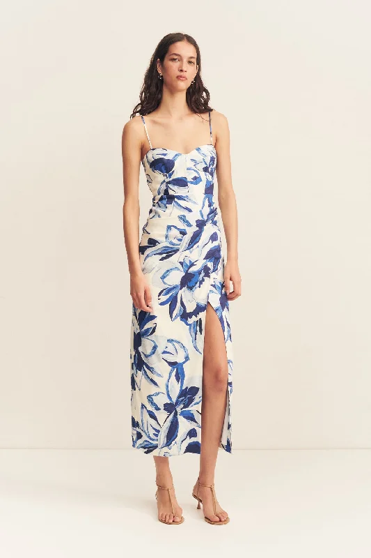 Midi dresses with puff sleeves for a vintage - inspired look STEVIE BUSTIER DRAPED MIDI DRESS