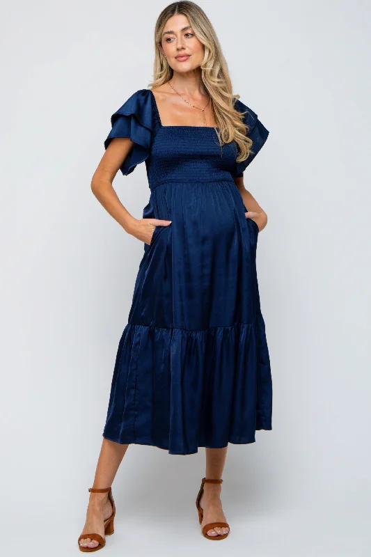 Maternity dress for a baby's first visit to the orchard Navy Satin Flutter Sleeve Maternity Midi Dress Maternity dress for a baby's first visit to the orchard Navy Satin Flutter Sleeve Maternity Midi Dress