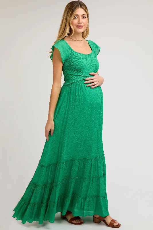 Maternity dress for hospital visits during pregnancy Green Smocked Crossover Off Shoulder Maternity Maxi Dress Maternity dress for hospital visits during pregnancy Green Smocked Crossover Off Shoulder Maternity Maxi Dress