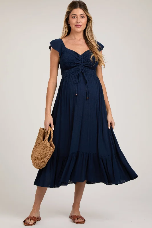 Maternity dress for a baby's first visit to the nature reserve Navy Smocked Ruched Ruffle Hem Maternity Maxi Dress Maternity dress for a baby's first visit to the nature reserve Navy Smocked Ruched Ruffle Hem Maternity Maxi Dress