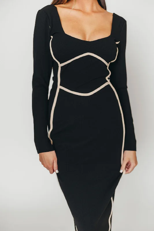 Midi dresses with empire waists for a flattering maternity option Shana Bodycon Midi Dress with Piping Trim in Black Midi dresses with empire waists for a flattering maternity option Shana Bodycon Midi Dress with Piping Trim in Black