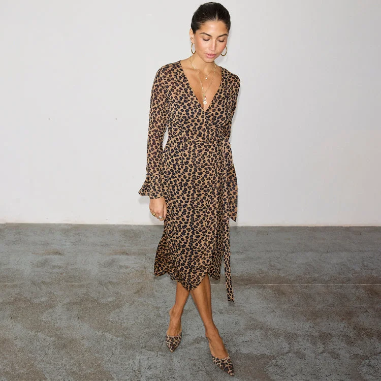 Midi dresses with button - front designs for a classic touch Leopard Lucia Sheer Wrap Dress Midi dresses with button - front designs for a classic touch Leopard Lucia Sheer Wrap Dress