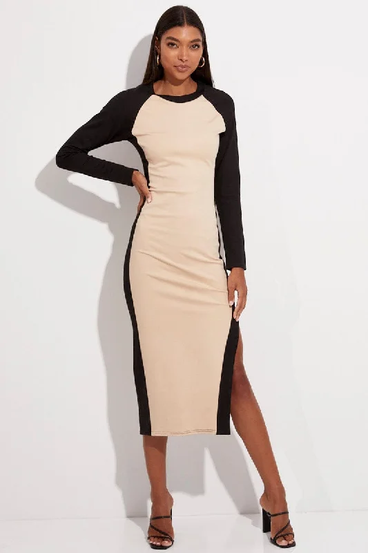 Midi dresses with gathered skirts for a full and flowing silhouette Beige Midi Dress Long Sleeve Round Neck Raglan Two-tone Midi dresses with gathered skirts for a full and flowing silhouette Beige Midi Dress Long Sleeve Round Neck Raglan Two-tone