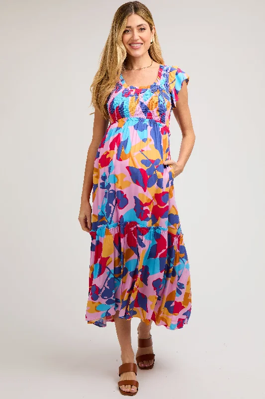 Nursing friendly maternity dress for breastfeeding Multi-Color Smocked Ruffle Maternity Midi Dress Nursing friendly maternity dress for breastfeeding Multi-Color Smocked Ruffle Maternity Midi Dress