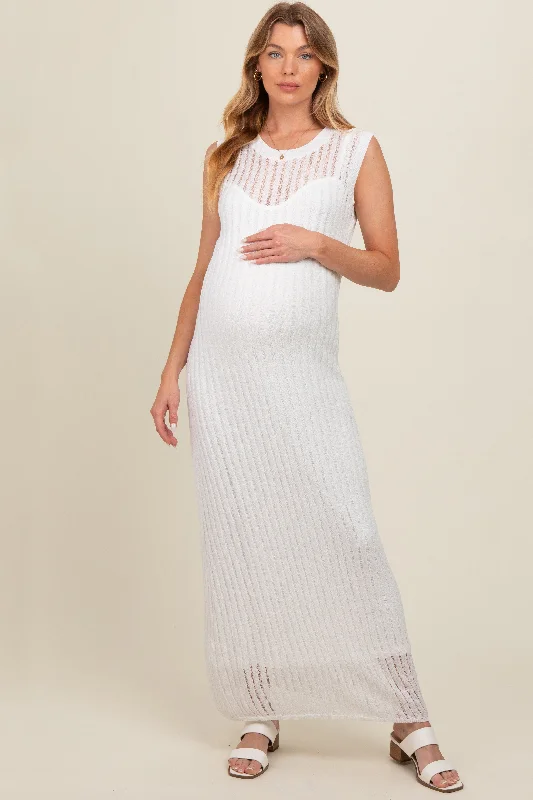 Maternity dress for a baby's first visit to the library White Sheer Knit Layered Maternity Maxi Dress Maternity dress for a baby's first visit to the library White Sheer Knit Layered Maternity Maxi Dress