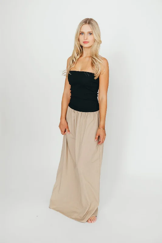 Midi dresses with cold - shoulder cutouts for a trendy style Kaylee Linen and Ribbed Knit Maxi Dress in Black/Tan Midi dresses with cold - shoulder cutouts for a trendy style Kaylee Linen and Ribbed Knit Maxi Dress in Black/Tan