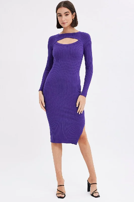 Midi dresses with V - necklines for a flattering and elongating effect Purple Midi Dress Long Sleeve Round Neck Keyhole Rib Knit