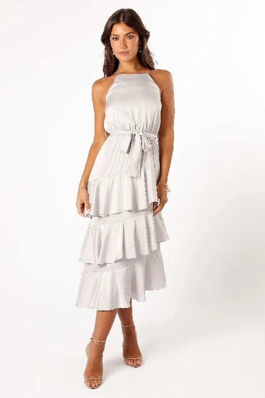 Midi dresses with gathered skirts for a full and flowing silhouette Seychelle Dress - Silver Midi dresses with gathered skirts for a full and flowing silhouette Seychelle Dress - Silver