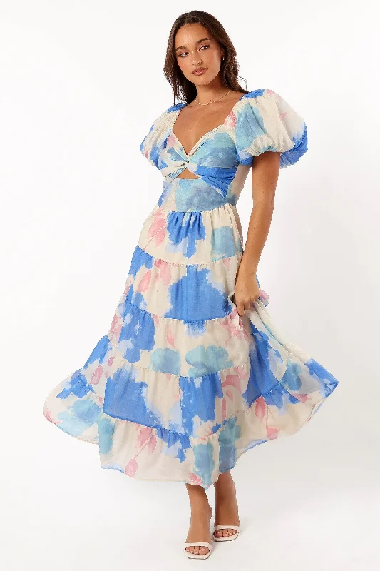 Midi dresses with ruched sleeves for a more fitted and stylish arm look Davis Midi Dress - Blue Floral