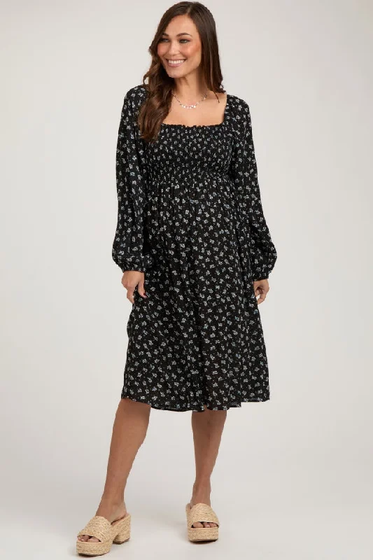 Maternity jersey dress for comfort Black Floral Smocked Square Neck Maternity Midi Dress Maternity jersey dress for comfort Black Floral Smocked Square Neck Maternity Midi Dress