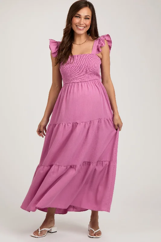 Maternity dress for a baby's first train journey Mauve Sleeveless Smocked Tiered Maternity Maxi Dress Maternity dress for a baby's first train journey Mauve Sleeveless Smocked Tiered Maternity Maxi Dress