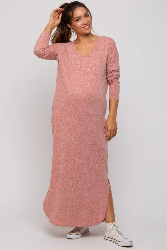 Maternity lace dress for a romantic look Pink Heathered Pocketed Long Sleeve Maternity Maxi Dress Maternity lace dress for a romantic look Pink Heathered Pocketed Long Sleeve Maternity Maxi Dress