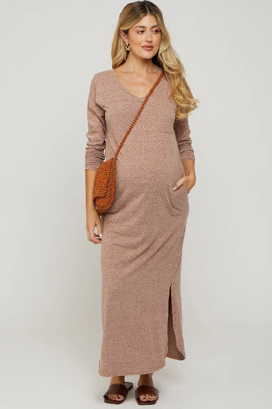Maternity dress for a baby's first birthday party Mocha Heathered Pocketed Long Sleeve Maternity Maxi Dress Maternity dress for a baby's first birthday party Mocha Heathered Pocketed Long Sleeve Maternity Maxi Dress