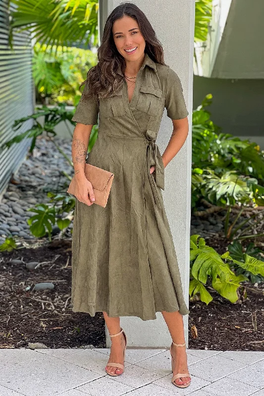 Everyday Dress with Embroidered Patches for a Bohemian Look Dark Olive Suede Midi Dress Everyday Dress with Embroidered Patches for a Bohemian Look Dark Olive Suede Midi Dress