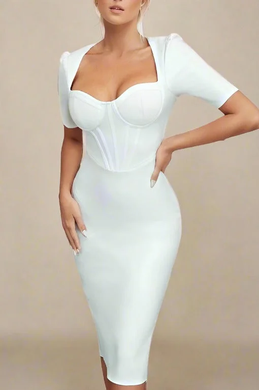  Lola Short Sleeve Bodycon Midi Dress - White Pearl