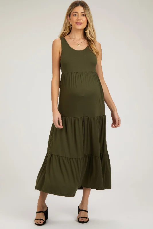 Maternity dress for a gender reveal party Olive Sleeveless Scoop Back Tiered Maternity Maxi Dress Maternity dress for a gender reveal party Olive Sleeveless Scoop Back Tiered Maternity Maxi Dress