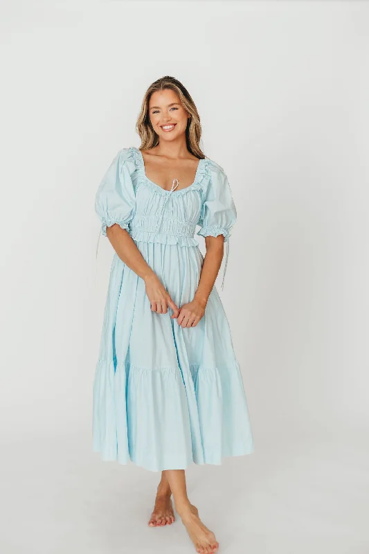 Midi dresses with fringe details for a fun and energetic style 100% Cotton Crissy Ruched Midi Dress in Baby Blue - Bump Friendly Midi dresses with fringe details for a fun and energetic style 100% Cotton Crissy Ruched Midi Dress in Baby Blue - Bump Friendly