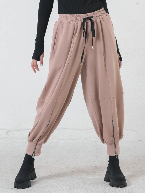 Beige Loose Pants With Zipper Accents