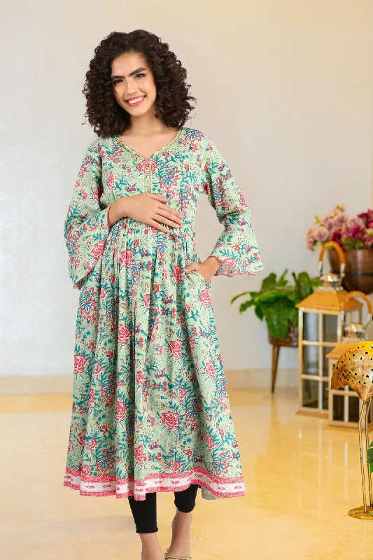 Apple Green Floral Maternity & Nursing Kurta (100% Cotton)