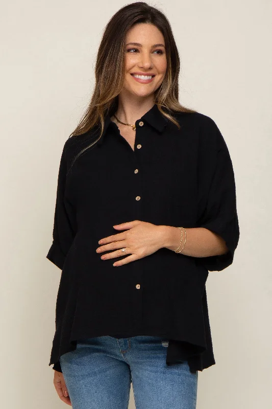 Black Button Down Collared Maternity Top