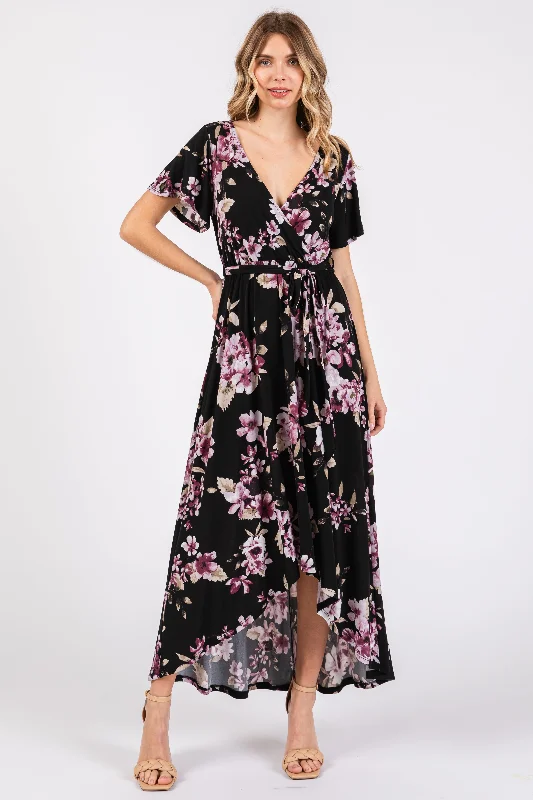 Black Floral Print Wrap Front V-Neck Hi-Low Midi Dress