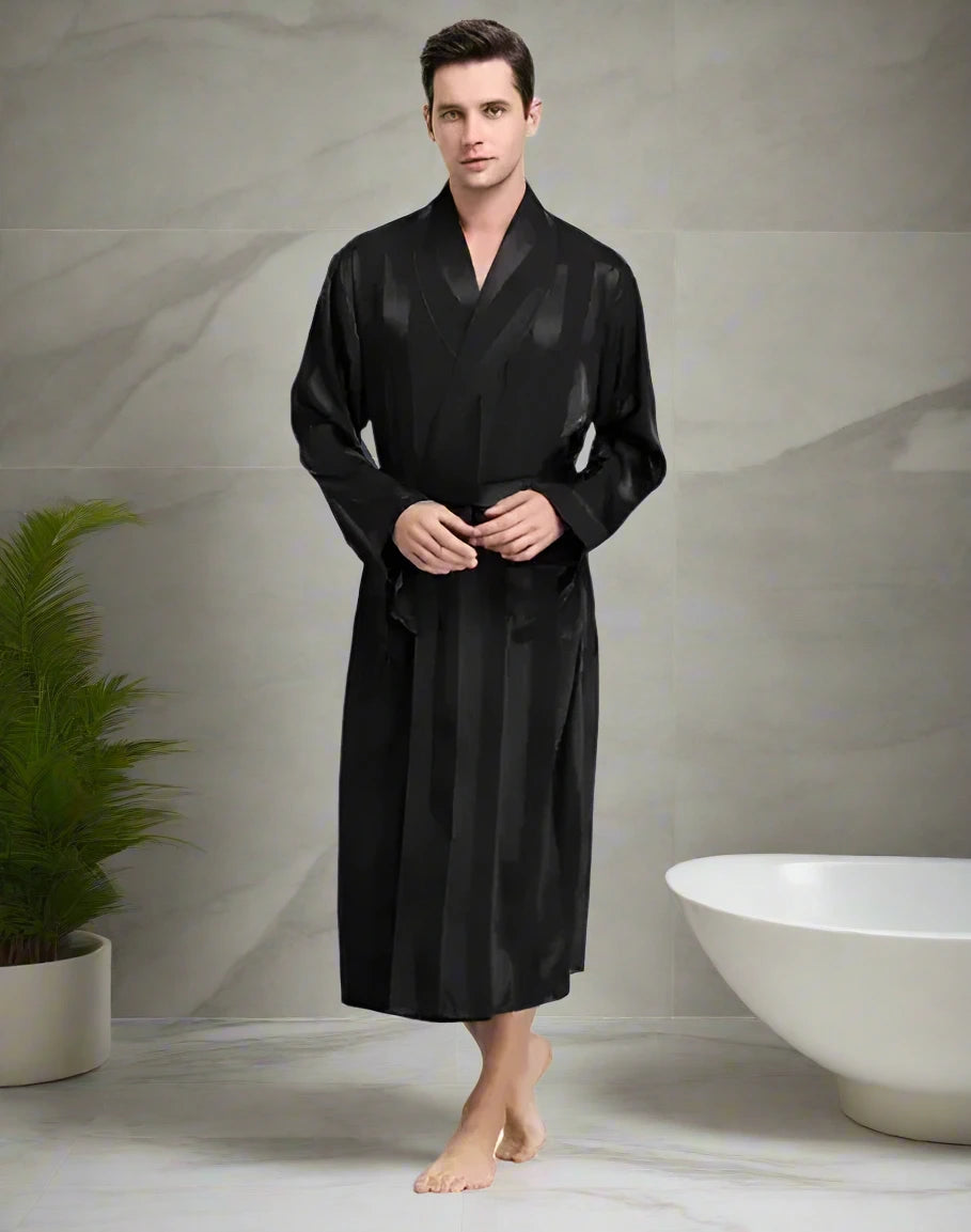 Black Striped Men Silk Bath Kimono