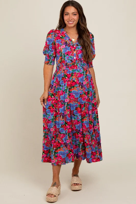 sleep - friendly women nursing braBlue Floral Smocked Waist Maternity Midi Dress