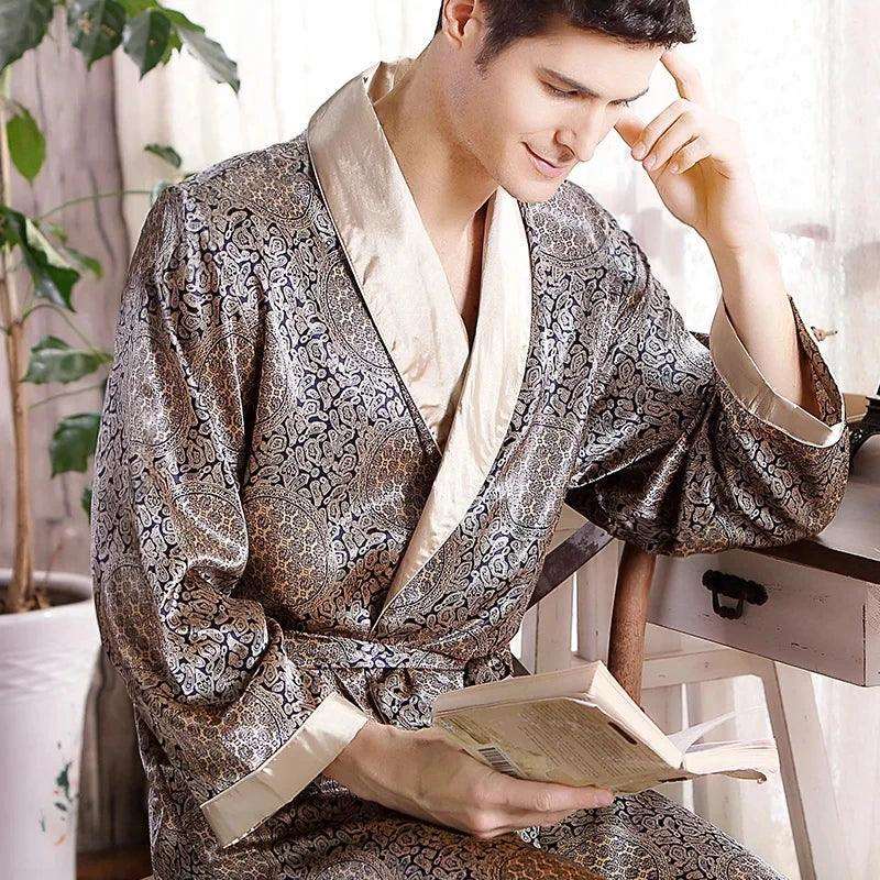 Blue Gold Men Satin Bath Kimono