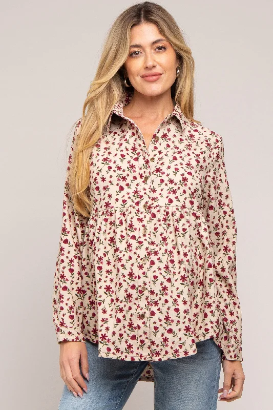 highly rated women nursing braCream Floral Corduroy Maternity Button Up Top