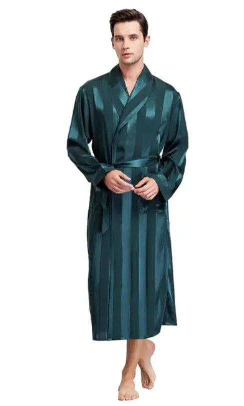 Green Striped Men Satin Bath Kimono