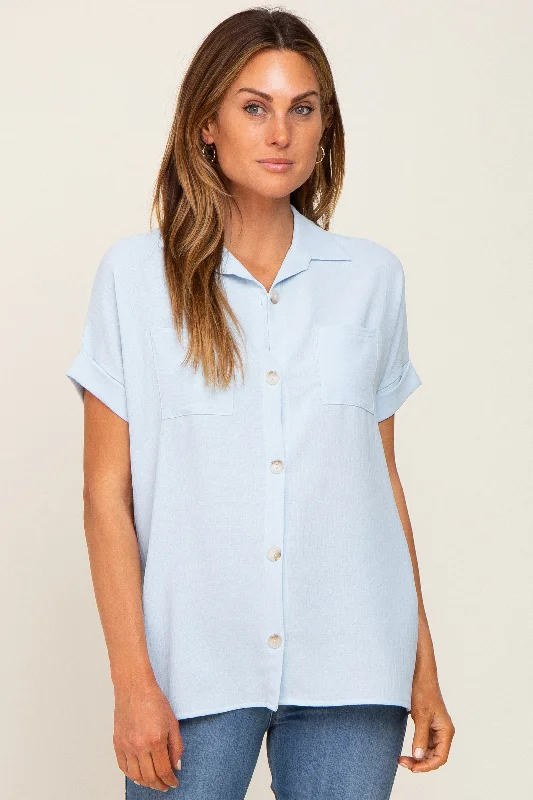 Light Blue Collared Button-Down Short Sleeve Blouse