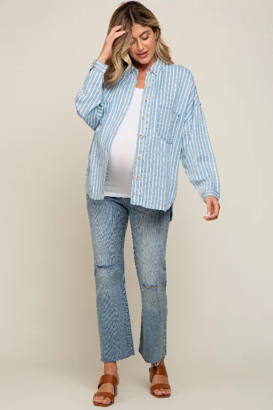 Light Blue Striped Front Pocket Button Up Maternity Top