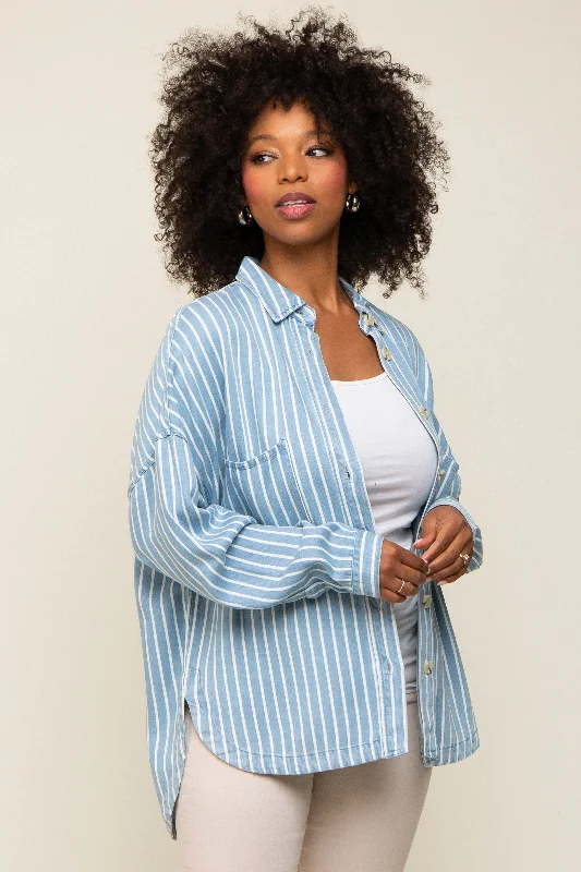 machine washable women nursing braLight Blue Striped Front Pocket Button Up Top