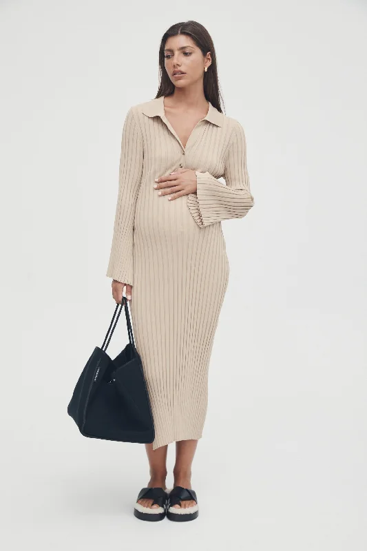 postpartum women nursing braLuxe L/S Polo Dress (Latte)