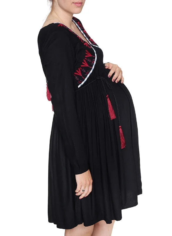 Maternity & Nursing Embroidered Dress - Black/Bordeaux