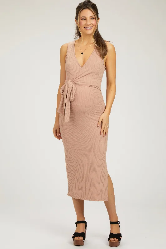 postpartum women nursing braPeach Rib Knit Side Tie Maternity Midi Dress