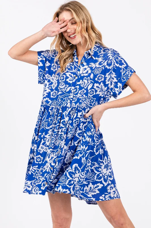 hands free convertible women nursing braRoyal Blue Floral Button Front Collared Dress hands free convertible women nursing braRoyal Blue Floral Button Front Collared Dress