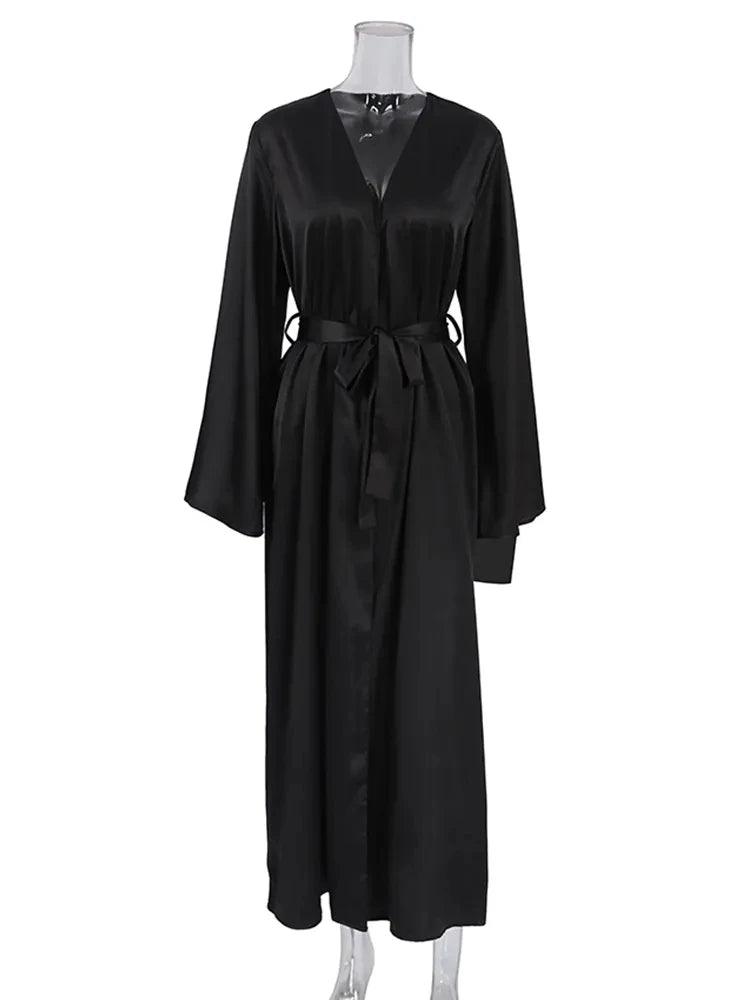 Sexy Black Satin  Long Sleeve Peignoir