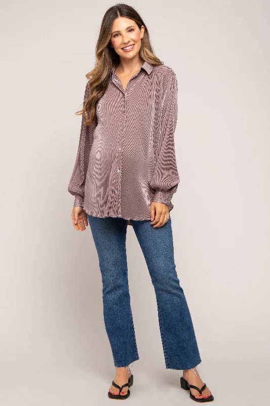 plain and simple women nursing braTaupe Plisse Button Up Long Sleeve Maternity Top