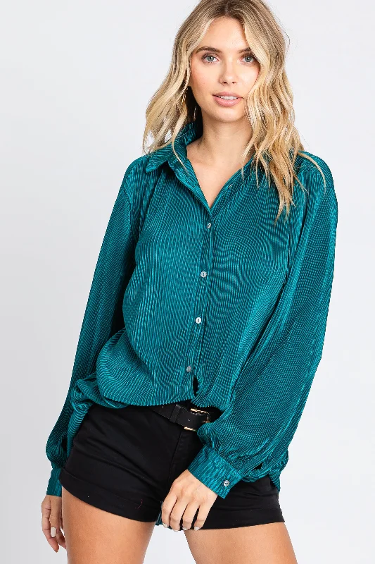 nursing bra for first - time momsTeal Plisse Button Up Long Sleeve Top