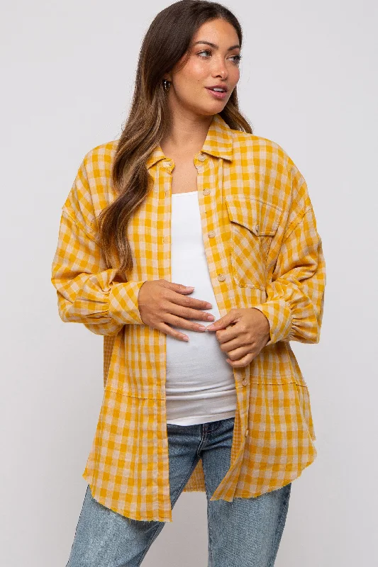 Yellow Mixed Plaid Fringe Maternity Button Down Top