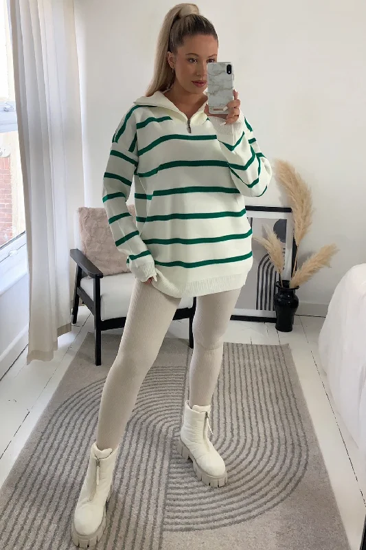 open front women cardigan for easy stylingAlara Cream and Green Striped Zip Detail Knitted Jumper open front women cardigan for easy stylingAlara Cream and Green Striped Zip Detail Knitted Jumper