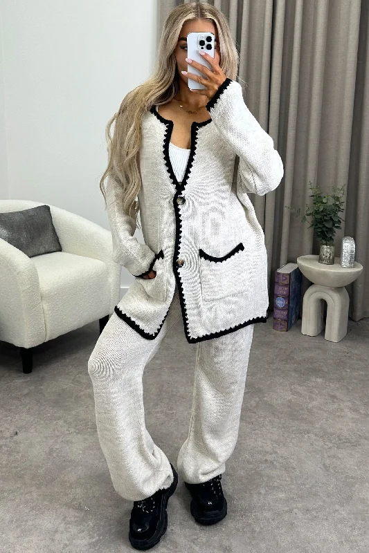 organic cotton women cardigan for an eco - friendly choiceAmari Beige Contrast Trim Knitted Cardigan and Wide Leg Trousers Co-Ord Set organic cotton women cardigan for an eco - friendly choiceAmari Beige Contrast Trim Knitted Cardigan and Wide Leg Trousers Co-Ord Set
