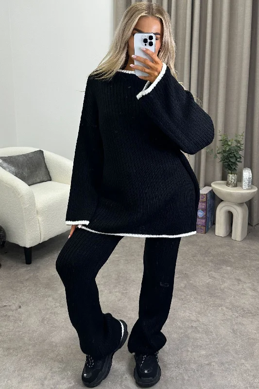 button down women cardigan with vintage buttonsAngela Black Contrast Trim Rib Jumper and Wide Leg Trousers Knit Co-Ord Set button down women cardigan with vintage buttonsAngela Black Contrast Trim Rib Jumper and Wide Leg Trousers Knit Co-Ord Set