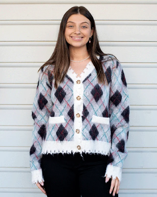 boyfriend style women cardigan for a relaxed fitDiamond Distressed Cardigan