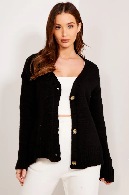 Marisa Black Knit Ribbed Button Up Cardigan