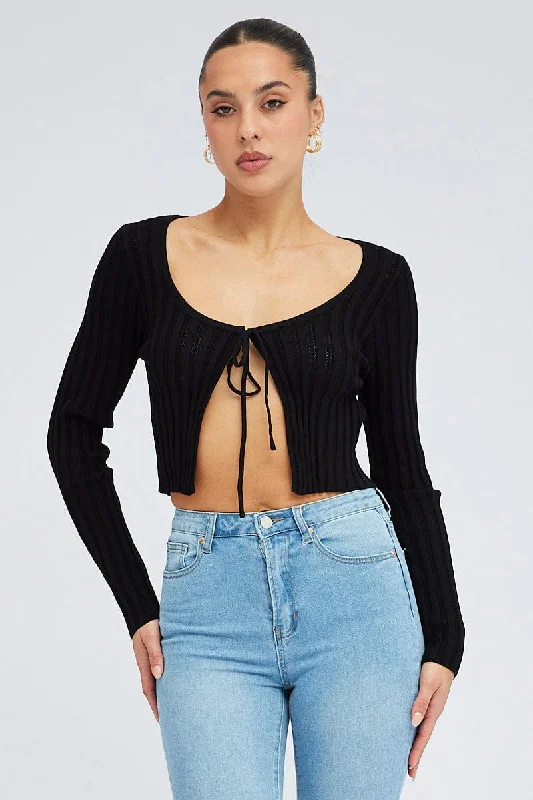 organic cotton women cardigan for an eco - friendly choiceBlack Tie Up Cardigan Long Sleeve Scoop Neck organic cotton women cardigan for an eco - friendly choiceBlack Tie Up Cardigan Long Sleeve Scoop Neck