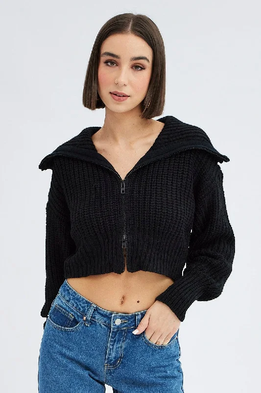 maternity women cardigan for expecting momsBlack Zip up Crop Cardigan