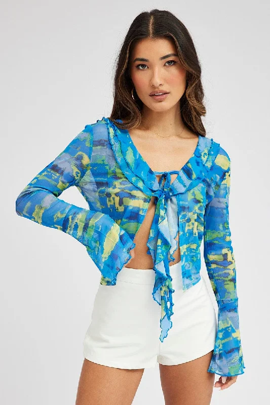 lightweight women cardigan for spring and fallBlue Abstract Mesh Cardigan Long Sleeve lightweight women cardigan for spring and fallBlue Abstract Mesh Cardigan Long Sleeve